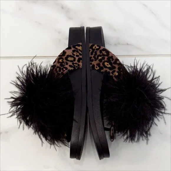 Aquazzura Boudoir Feather-Trimmed Black Animal Print Thong Sandals 7.5 - Picture 9 of 11